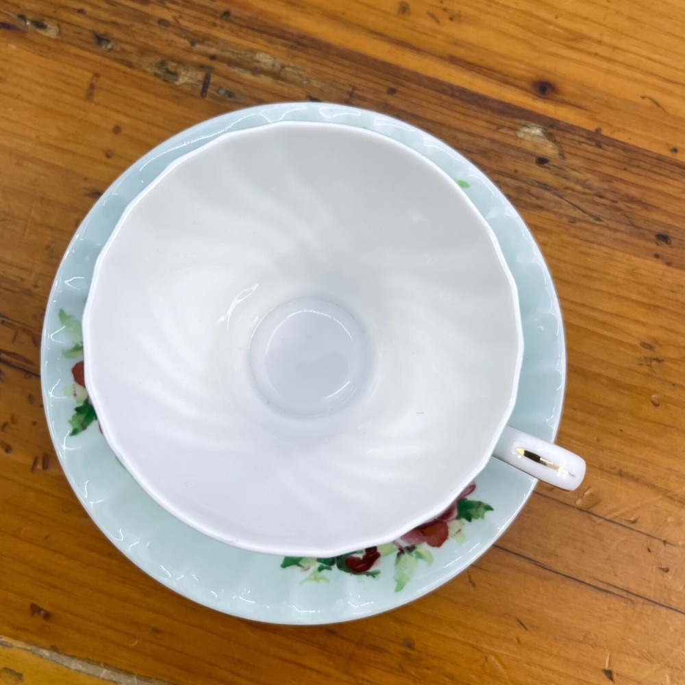 Vintage Queen Anne Tea Cup & Saucer Set Pastel Green w Pink Roses Numbered - Picture 7 of 12